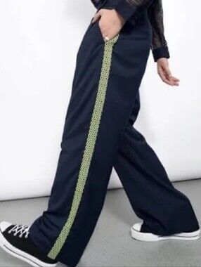 Wildfang The Empower Colorblock Wide Leg Trouser Neon Mesh Stripe Sz 4 Blue NWT